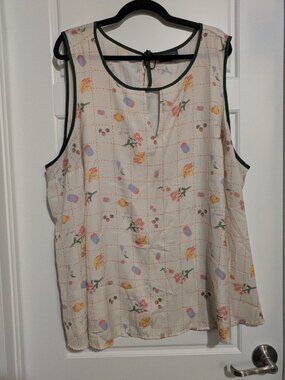 Modcloth Sleeveless Lightweight Blouse Ivory Green Garden Pattern Plus (4X)